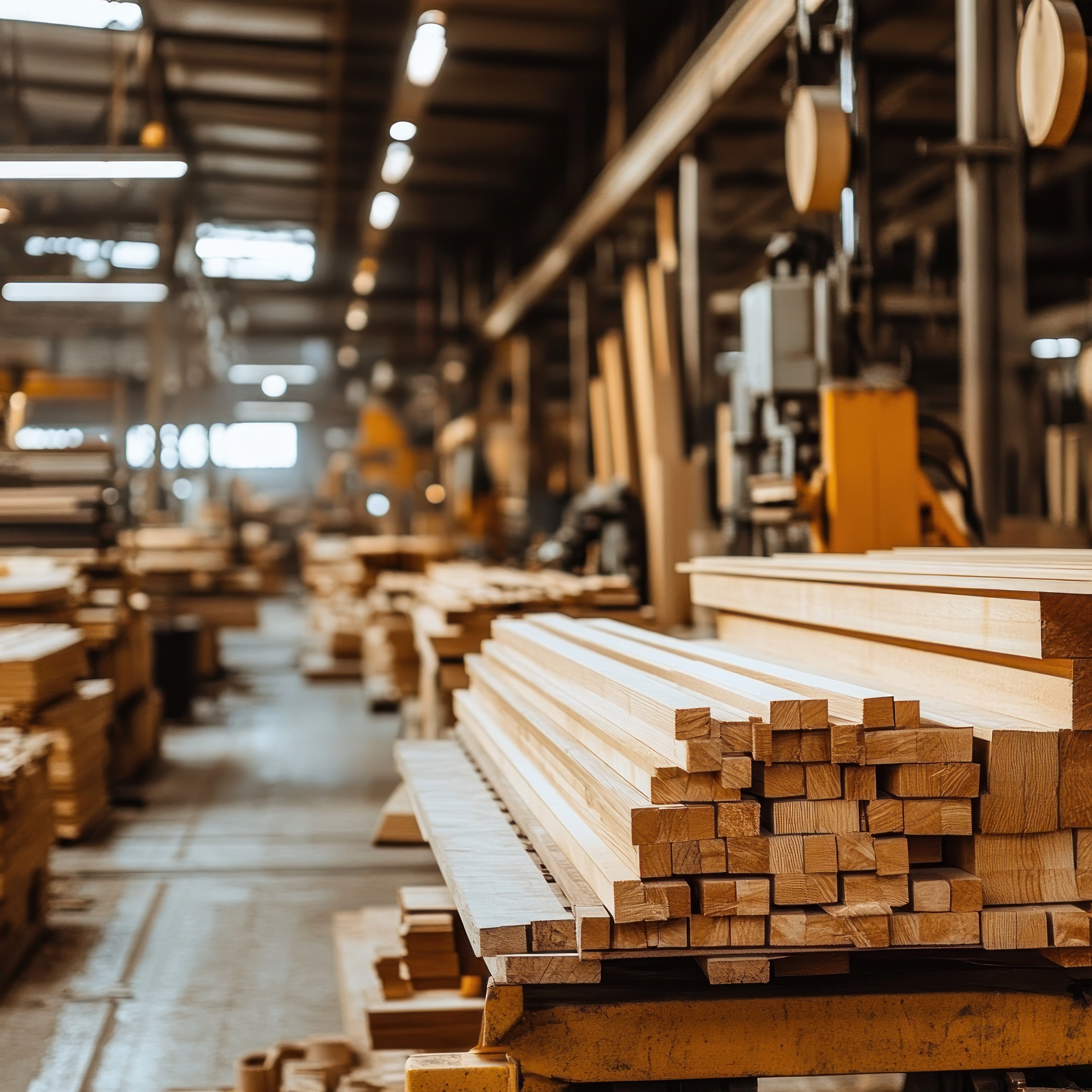 Stacked sawn lumber in a warehouse