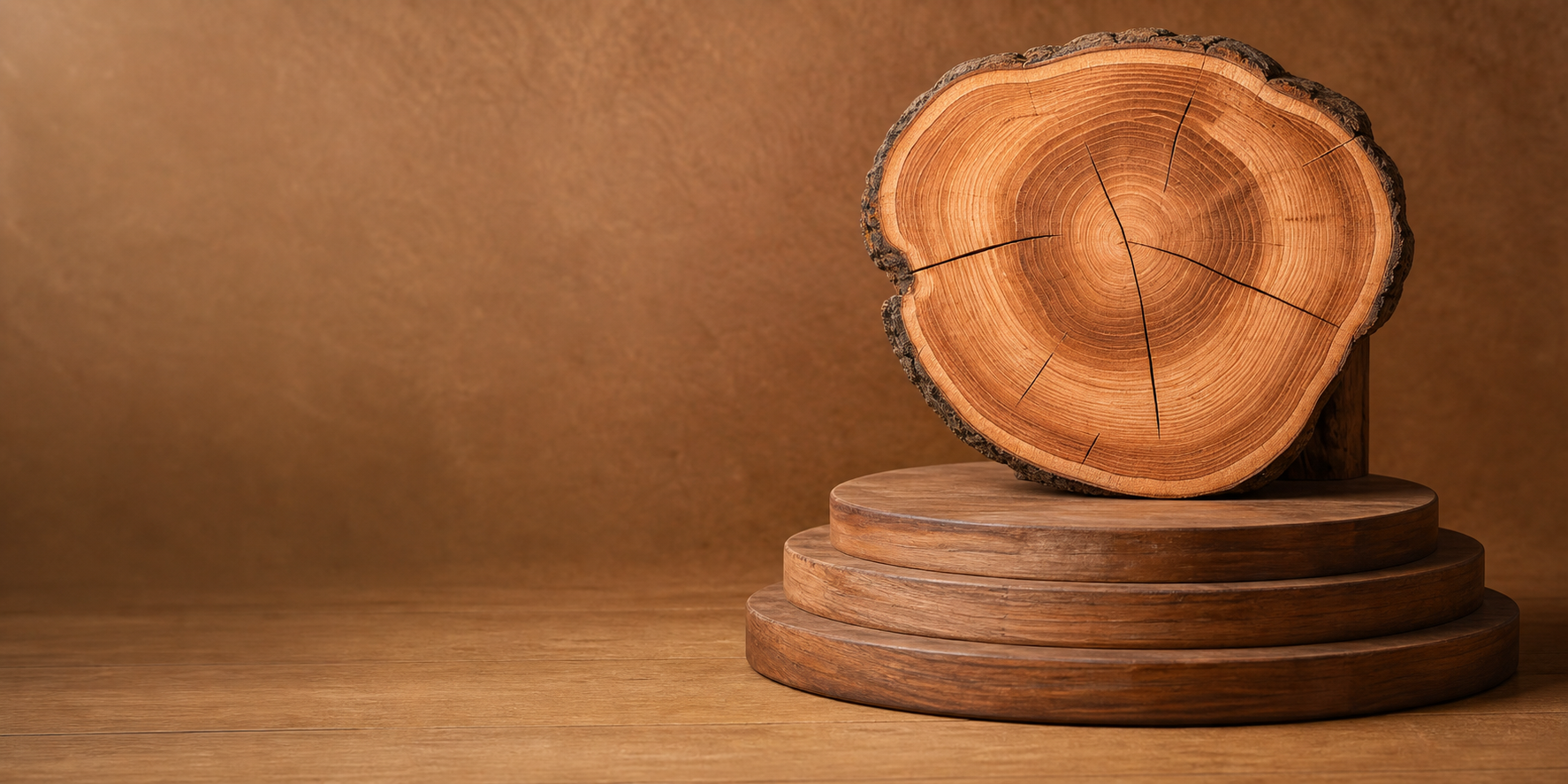 Polished wood cross-section displayed on tiered wooden podiums
